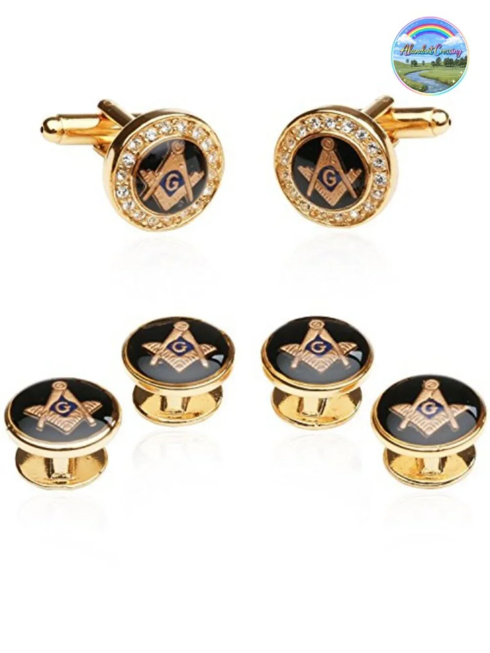 Freemason Crystal Gold Masonic Cufflinks and Studs Set for Tuxedo